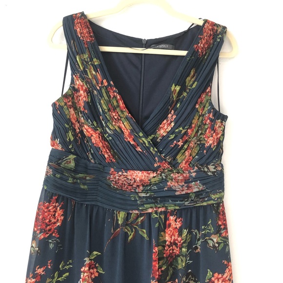 esprit navy floral dress surplice neckline pleats - Picture 2 of 12